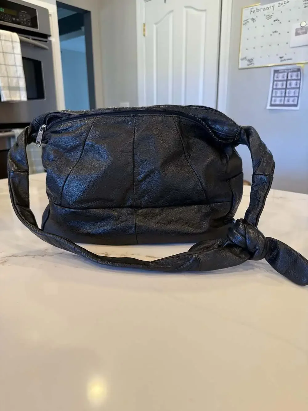 Vintage 90s Slouchy Black Genuine Leather Hobo Crossbody Bag with Knot Detail